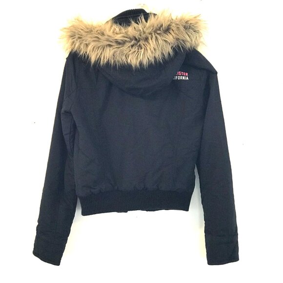 VTG Hollister winter bomber jacket hood faux fur navy/pink spell out Y2K 90's - Picture 6 of 8